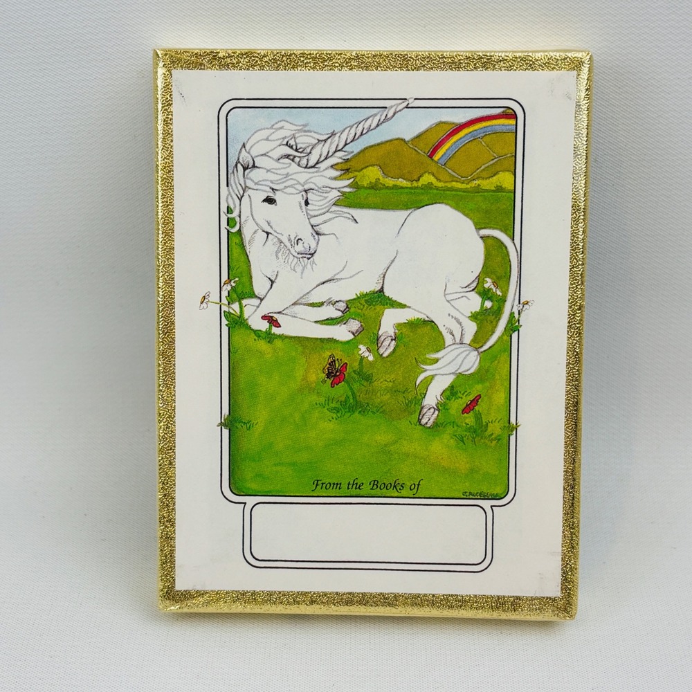 Vintage Antioch Unicorn Rainbow 50 Bookplates Box Gummed Labels USA New Sealed